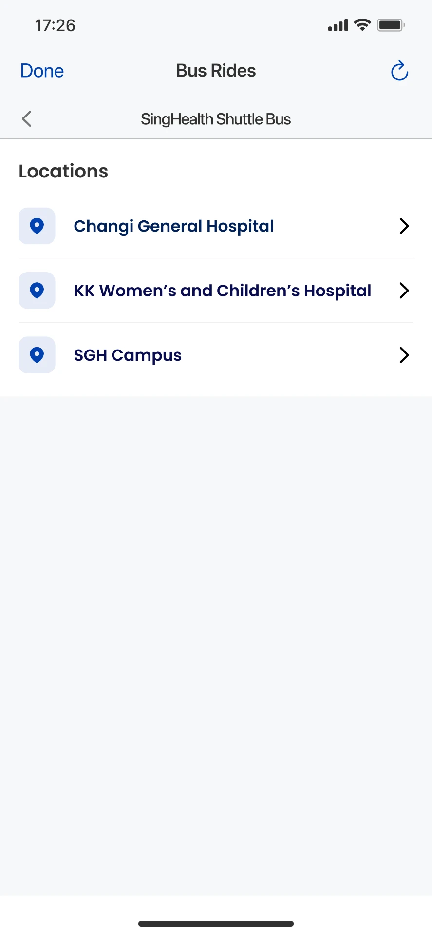 Locations screen for SingHealth Shuttle Bus with pin icons