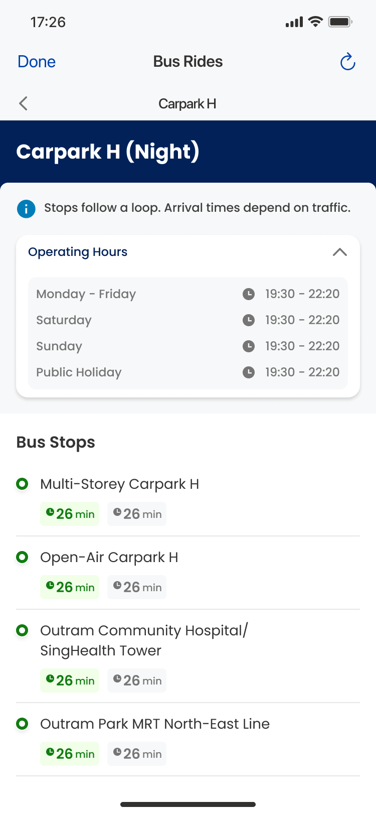 Carpark H (Night) route with six stops and separate hours for weekdays, weekends and public holidays
