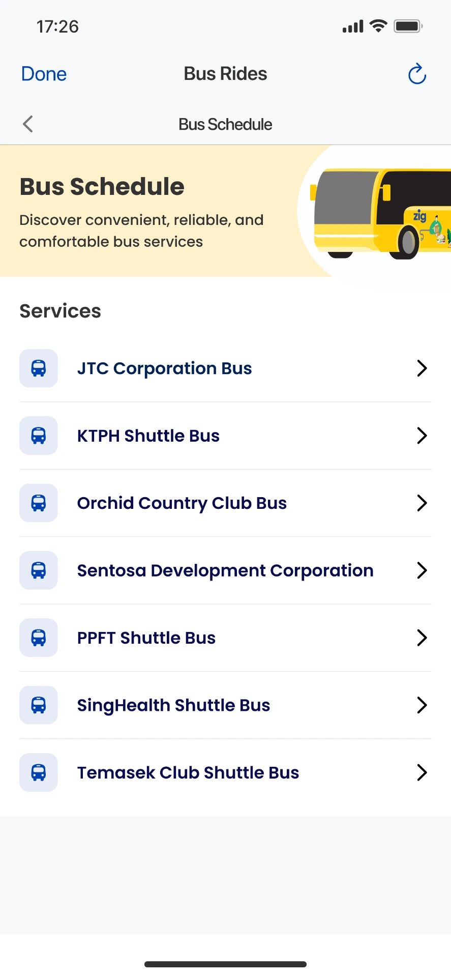 After: redesigned Services screen with a bus icon per operator