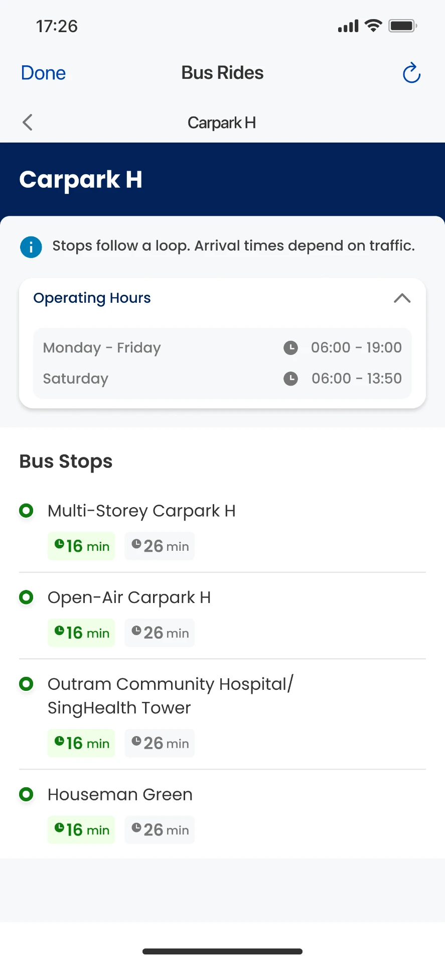 Carpark H bus stop page with operating hours expanded and next two arrivals per stop