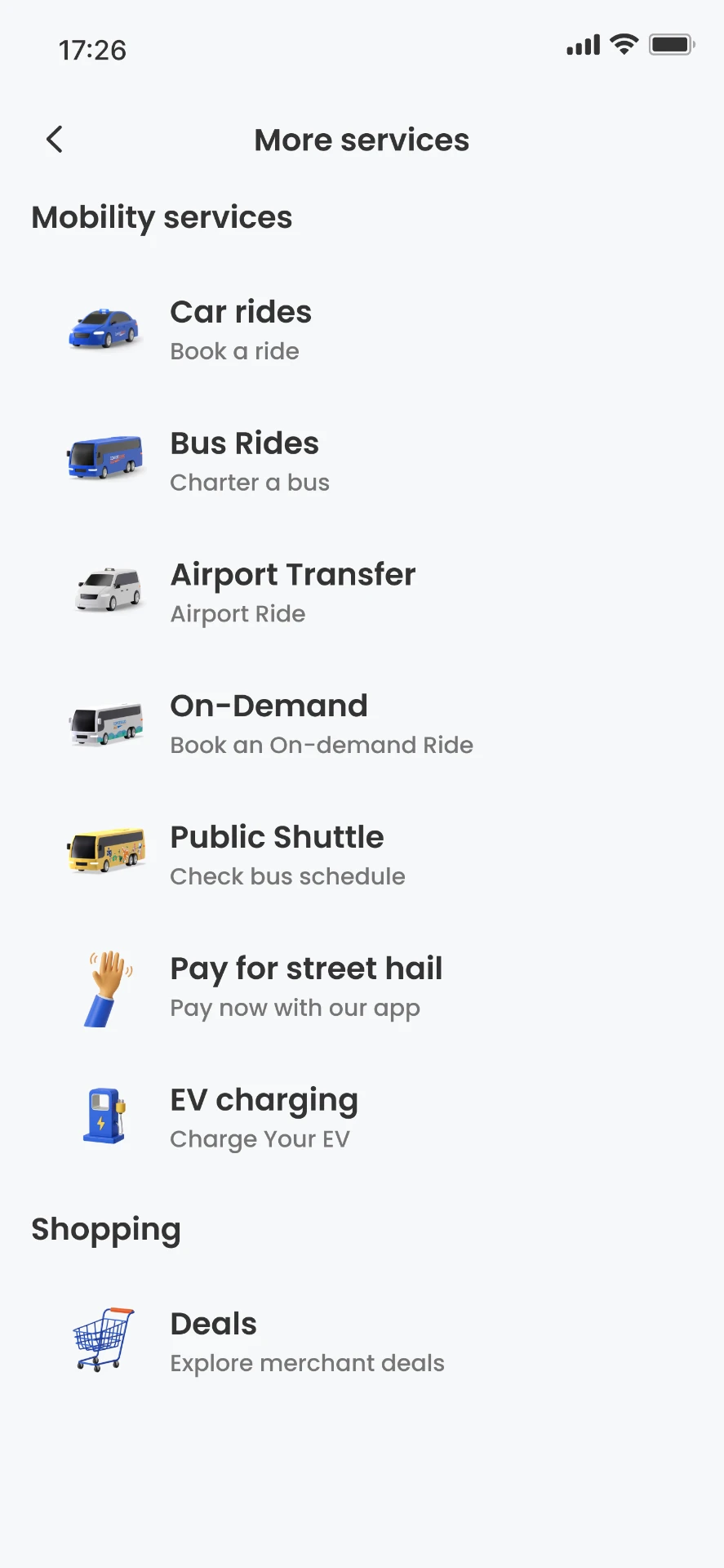 Zig 'More services' screen with Public Shuttle listed