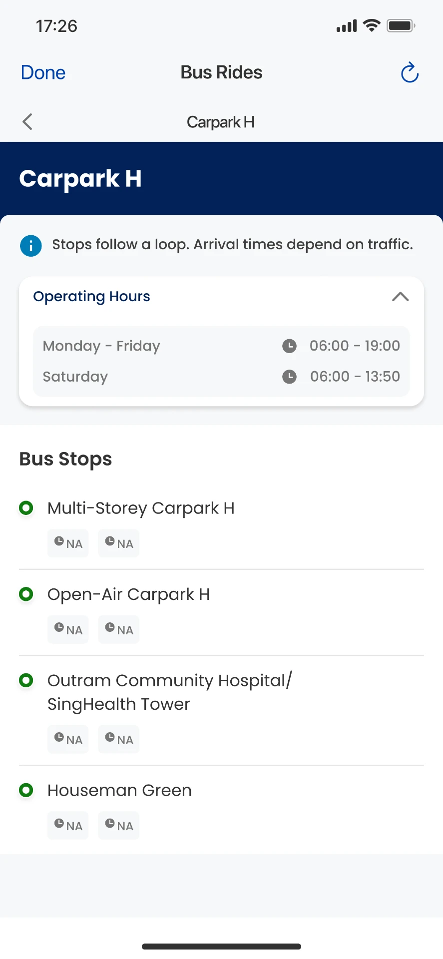 Carpark H bus stop page where both arrival chips show NA because no live data is available