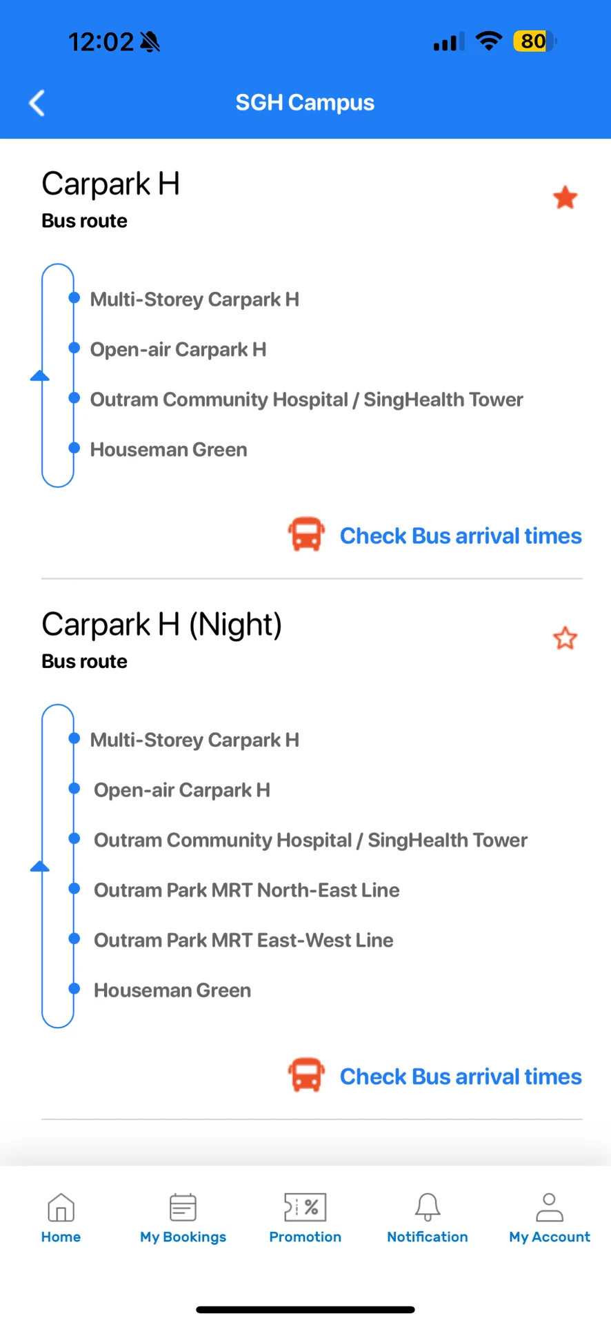 Original route list with a small 'Check Bus arrival times' link
